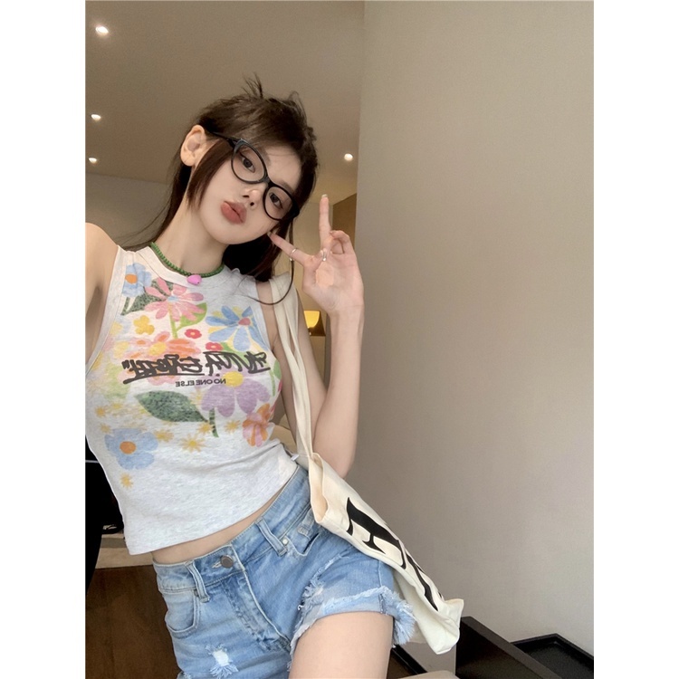 GJCUTE Áo thun không tay hoạ tiết hoa thời trang