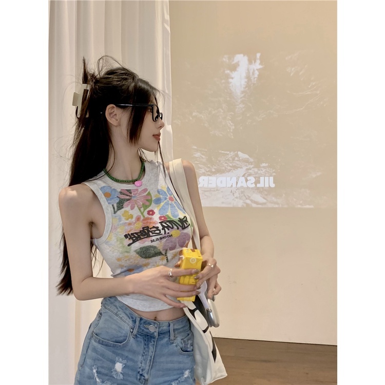GJCUTE Áo thun không tay hoạ tiết hoa thời trang