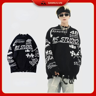 Mới Áo sweater Nam Dệt Kim Form Rộng áo len nam cổ tròn Thiết Kế Xẻ Rách áo len sweater nam Phong Cách hip hop áo len tăm Nam Nữ