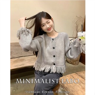 Minimalist Labo Áo croptop 2025 Áo Khoác Len Nữ Dài Tay Cổ Bẻ Thời Trang Hàn Áo Cardigan Dệt Kim Cao Cấp Dáng Rộng Thiết Kế Tua Rua Phong Cách Mới Mùa Thu Cho Nữ