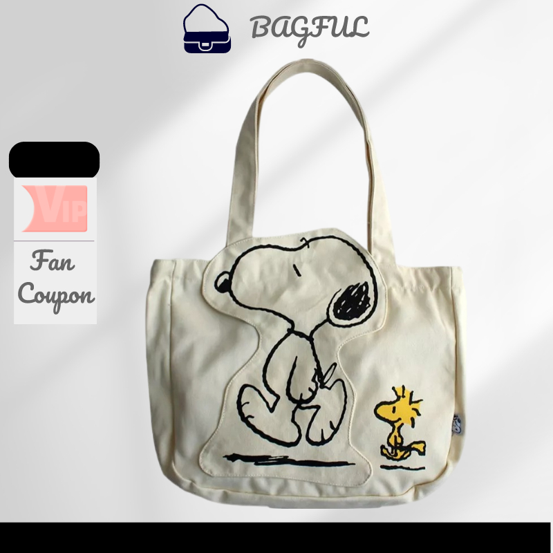 BAGFUL Túi Đeo Vai Vải Canvas Cỡ Lớn In Hoạt Hình Snoopy Phối Khóa Kéo Dễ Thương Cho Nữ