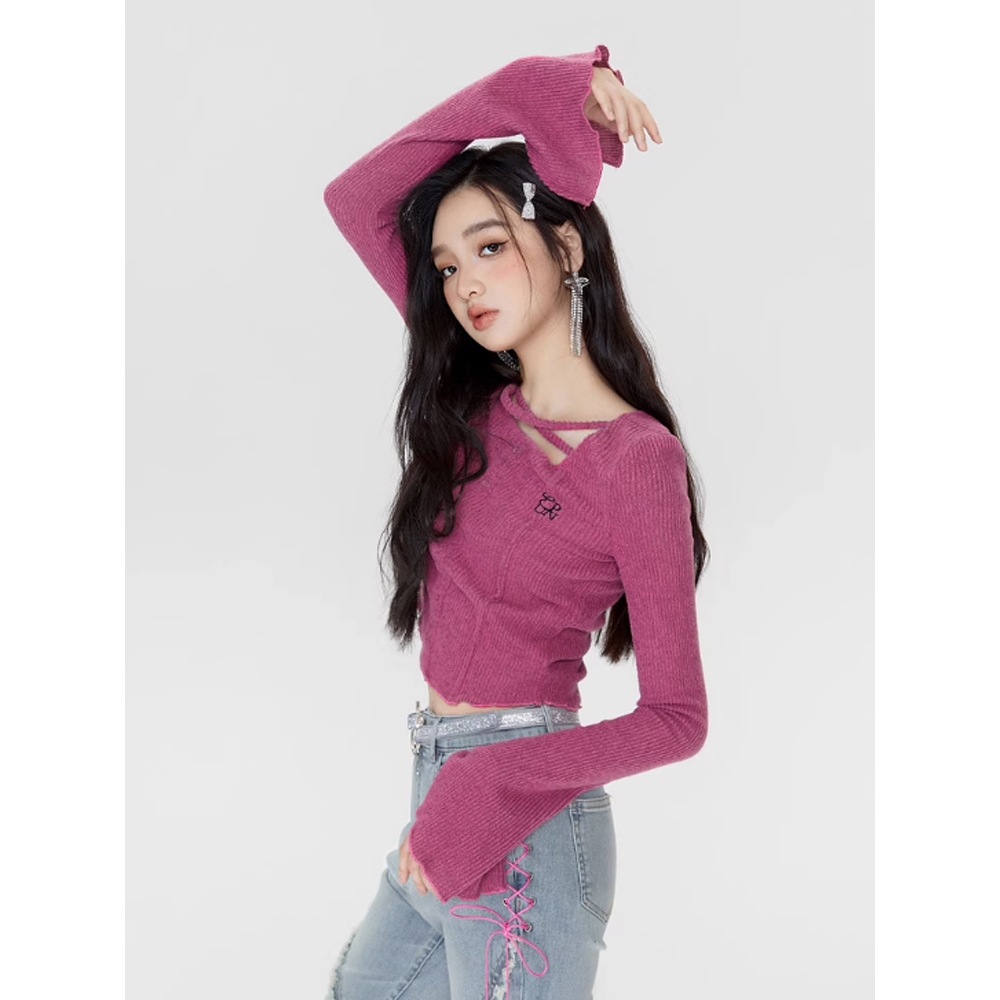 Cocory vn Áo croptop Dệt Kim Tay Loe Dài y2k