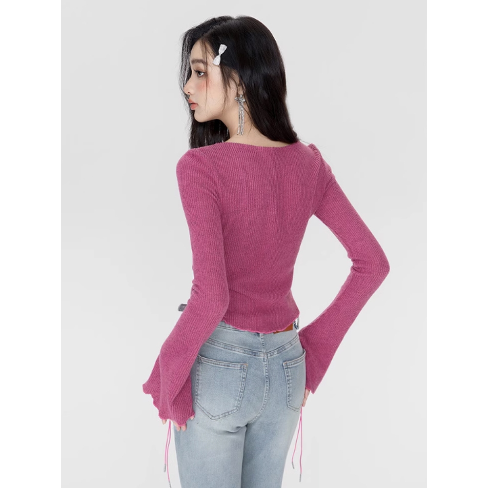 Cocory vn Áo croptop Dệt Kim Tay Loe Dài y2k