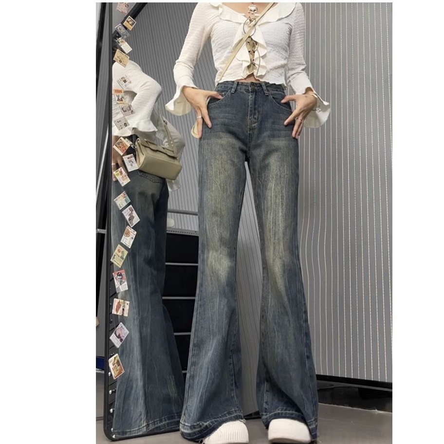 Ethelgirl Quần Jean Nữ Lưng Cao Ống Loe Thời Trang vintage