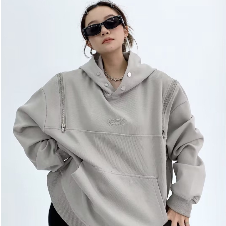 Áo khoác hoodie sweater Trùm Dáng Rộng Thiết kế kéo kéo hai bên vai Thời Trang hoodie đôi Hàn Quốc Mũ có khuy cài Cặp Đôi Màu sắc đơn giản áo hoodie dày