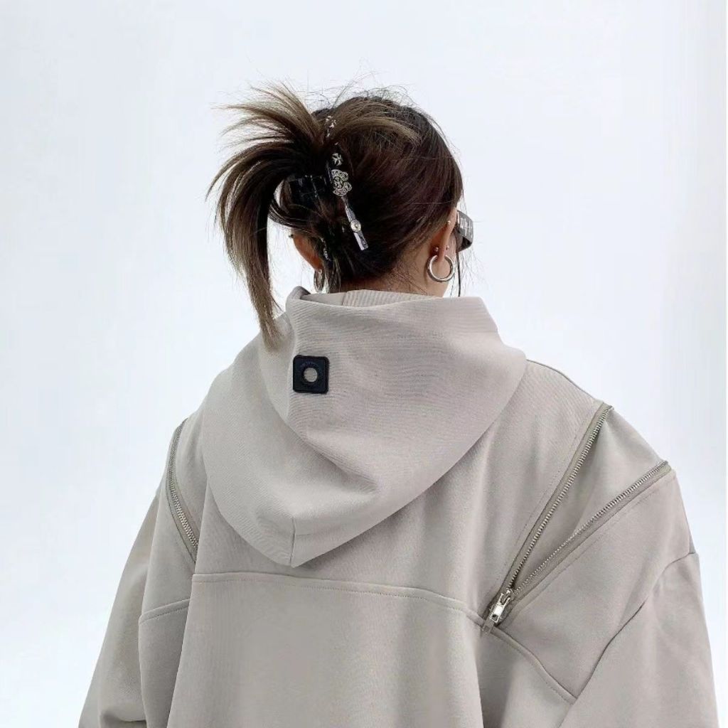 Áo khoác hoodie sweater Trùm Dáng Rộng Thiết kế kéo kéo hai bên vai Thời Trang hoodie đôi Hàn Quốc Mũ có khuy cài Cặp Đôi Màu sắc đơn giản áo hoodie dày