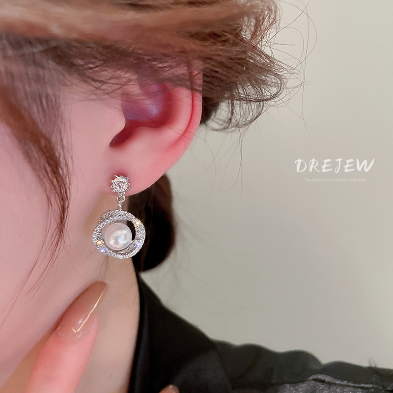 DREJEW Khuyên Tai Tròn Mạ Bạc 925 Đính Ngọc Trai Sang Trọng Thời Trang Cao Cấp