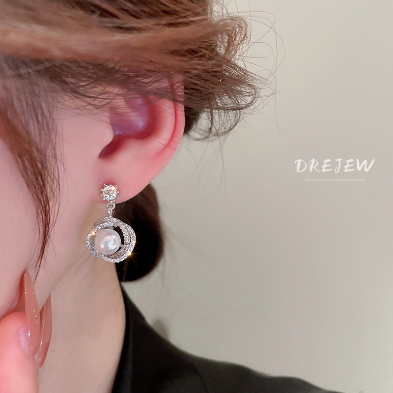 DREJEW Khuyên Tai Tròn Mạ Bạc 925 Đính Ngọc Trai Sang Trọng Thời Trang Cao Cấp