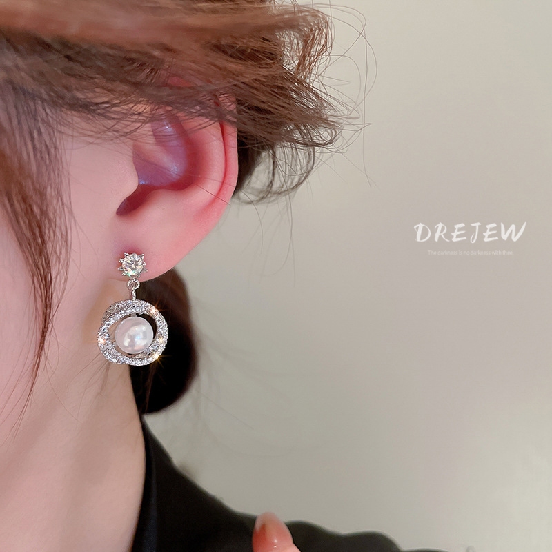 DREJEW Khuyên Tai Tròn Mạ Bạc 925 Đính Ngọc Trai Sang Trọng Thời Trang Cao Cấp