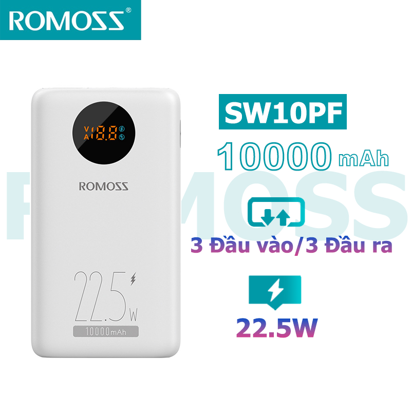 Sạc dự phòng mini nhanh Romoss SW10PF 10000mAh 22.5W PD20W 3 đầu vào và 3 đầu ra