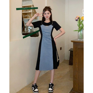 Đầm Denim Giả Hai Mảnh Phối Dây Xích Thời Trang Mùa Hè Cho Nữ