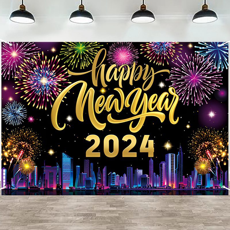 Đồng Hồ vinyl 1.5 * 1m Chúc Mừng Năm Mới 2024 Màu Vàng Đen Lấp Lánh Trang Trí Tiệc Sinh Nhật / Mừng Năm Mới