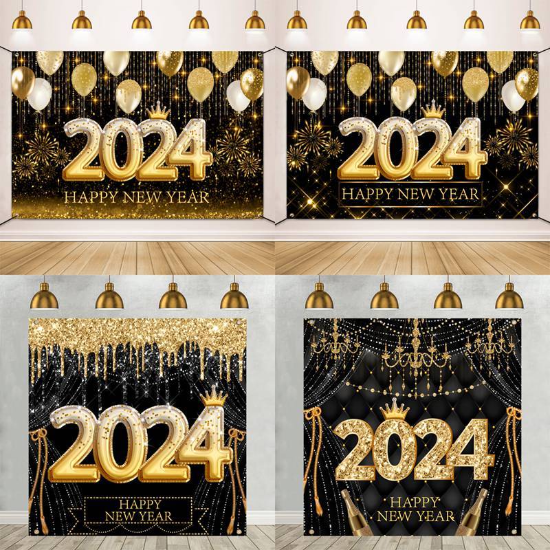 Đồng Hồ vinyl 1.5 * 1m Chúc Mừng Năm Mới 2024 Màu Vàng Đen Lấp Lánh Trang Trí Tiệc Sinh Nhật / Mừng Năm Mới