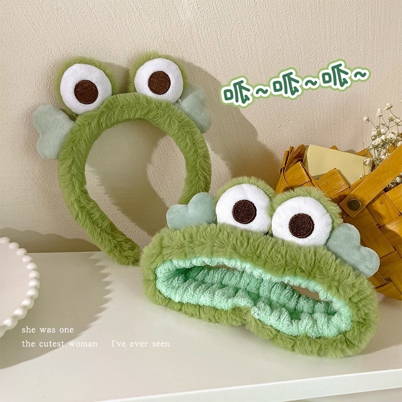 Bộ 2 Băng Đô Cài Tóc Rửa Mặt Hình Ếch Nhồi Bông Dễ Thương