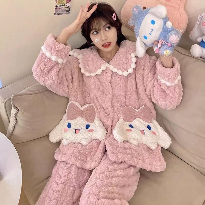 Bộ Đồ Ngủ Cổ Búp Bê Họa Tiết Hoạt Hình Ngọt Ngào Thời Trang Thu Đông Cho Nữ