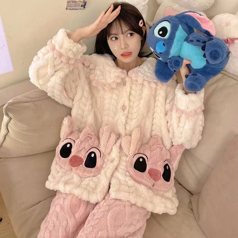 Bộ Đồ Ngủ Cổ Búp Bê Họa Tiết Hoạt Hình Ngọt Ngào Thời Trang Thu Đông Cho Nữ