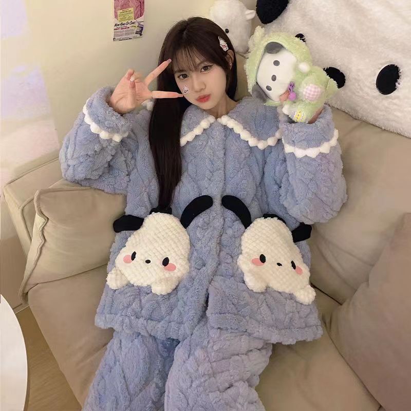 Bộ Đồ Ngủ Cổ Búp Bê Họa Tiết Hoạt Hình Ngọt Ngào Thời Trang Thu Đông Cho Nữ