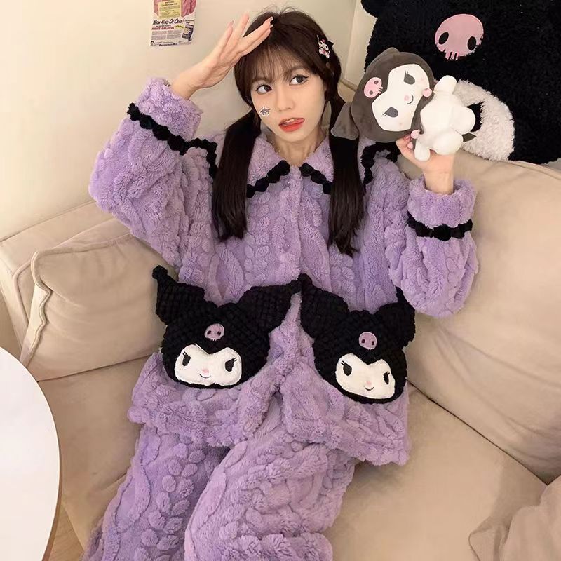 Bộ Đồ Ngủ Cổ Búp Bê Họa Tiết Hoạt Hình Ngọt Ngào Thời Trang Thu Đông Cho Nữ