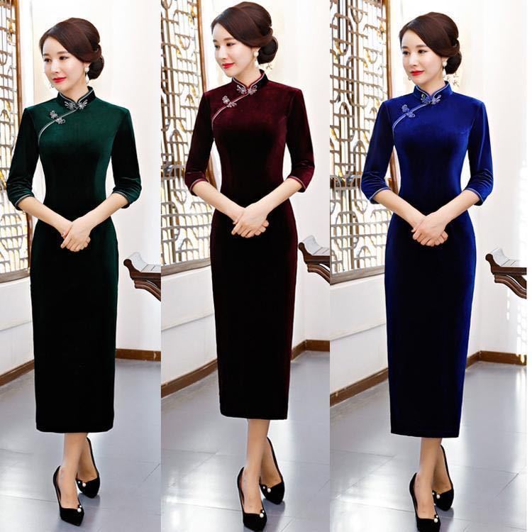 Đầm Sườn Xám Cách Tân Chất Nhung Dáng Dài Xẻ Tà Phong Cách Trung Hoa Thời Trang Cho Nữ