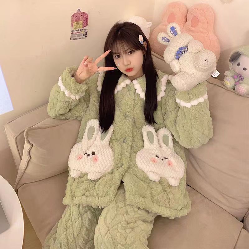 Bộ Đồ Ngủ Cổ Búp Bê Họa Tiết Hoạt Hình Ngọt Ngào Thời Trang Thu Đông Cho Nữ