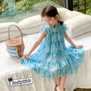 Đầm tay loe xếp ly đính nơ thời trang mùa hè xinh xắn cho bé gái