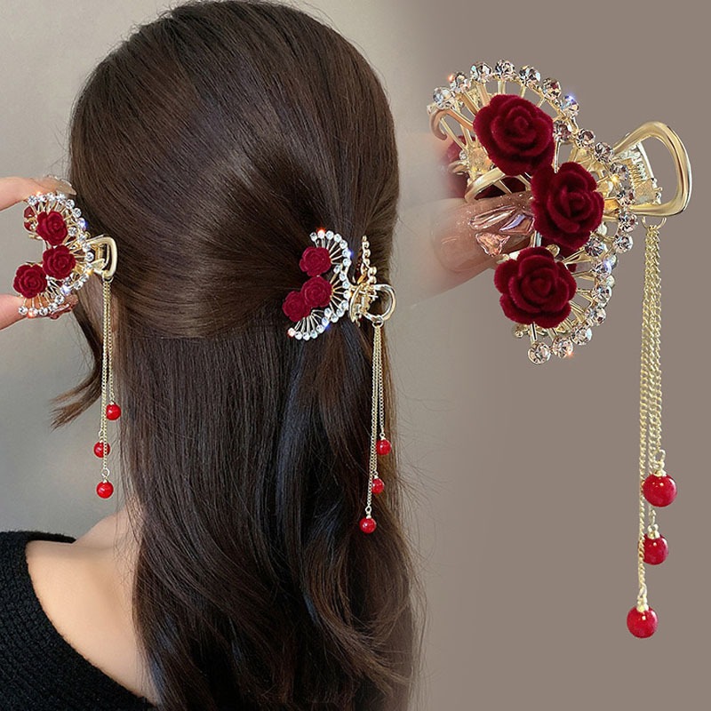 Kẹp Tóc Tua Rua Đính Hoa Hồng Đỏ Phong Cách retro Cao Cấp