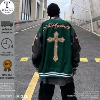 Áo KhoáC BóNg ChàY VảI Nhung ThêU HìNh Cho Nam áO Bomber Unisex áO BóNg ChàY ThêU HìNh TháNh Giá PhốI Tay Da jacket áo khoác bóng chày nu Áo khoác bóng chày lót nhung thêu họa tiết chữ thập thời trang đường phố Mỹ cho áo bomber áo bomber nhung tăm