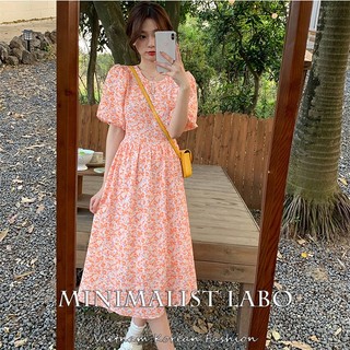 Minimalist Labo Đầm Hoa Tay Phồng Dáng Dài Nhấn Eo Xinh Xắn Thời Trang
