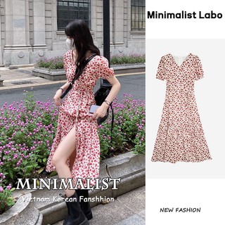 Minimalist Labo Đầm hoa dáng dài cổ chữ v nhấn eo xinh xắn thời trang