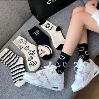 Fhyl Lady Jap Hoạt Hình Mặt Cười Chắc Chắn Cao Cấp Tất Thời Trang Đen Trắng Sọc Thể Thao Miệng Rộng Tất Dành Cho Nữ