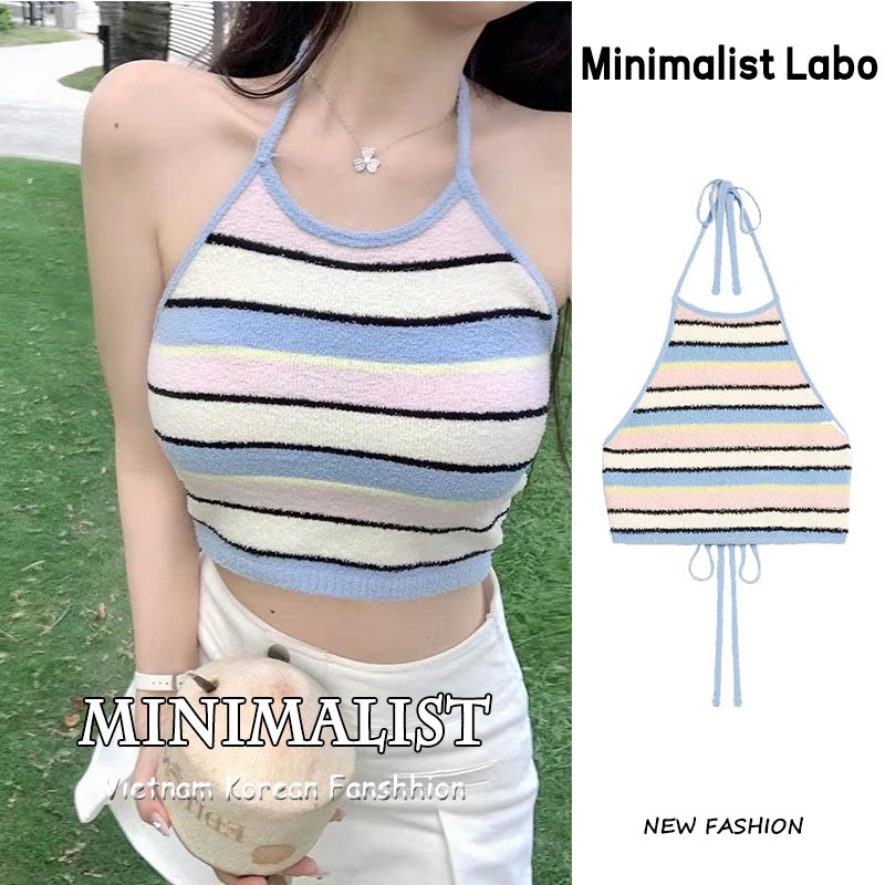Minimalist Labo Áo Hai Dây Cổ Yếm Họa Tiết Kẻ Sọc Thoáng Khí Thoải Mái