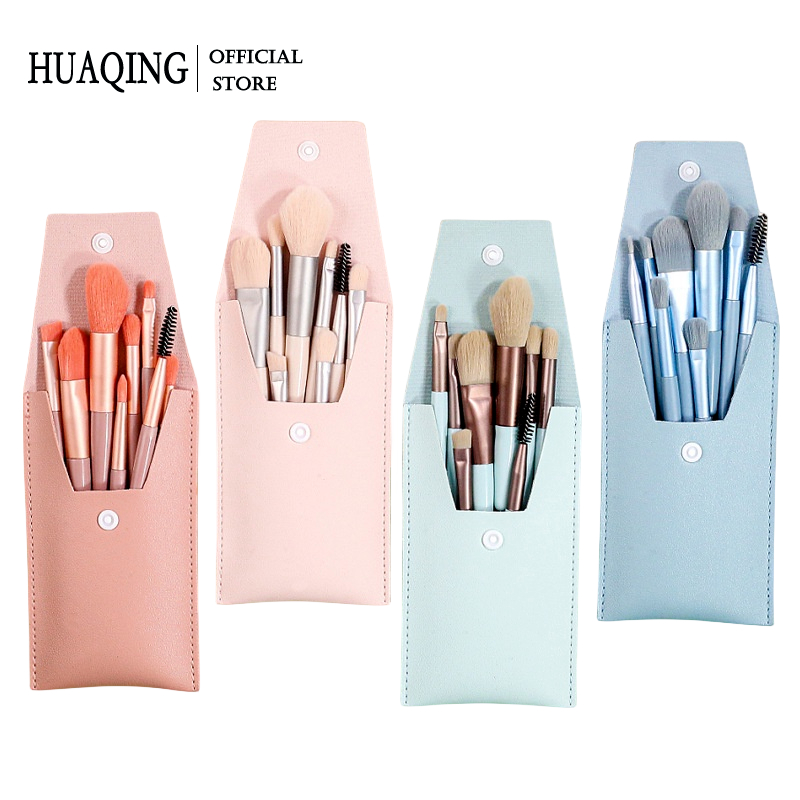 Bộ 8 cọ trang điểm HUAQING mini màu pastel có túi đựng tiện lợi