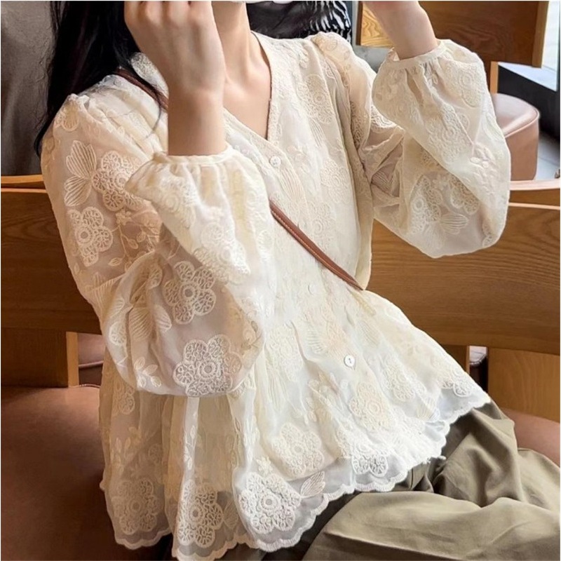 Áo Sơ Mi Nữ Dài Tay Cổ Chữ V Thêu Hoa Vintage Hàn Quốc Baju Baju Wanita Lengan Panjang