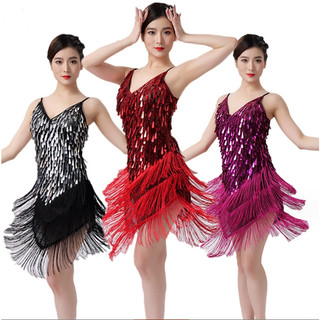 Đầm Biểu Diễn Nhảy latin Đính Kim Sa Phối Tua Rua Xinh Xắn Cho Người Lớn