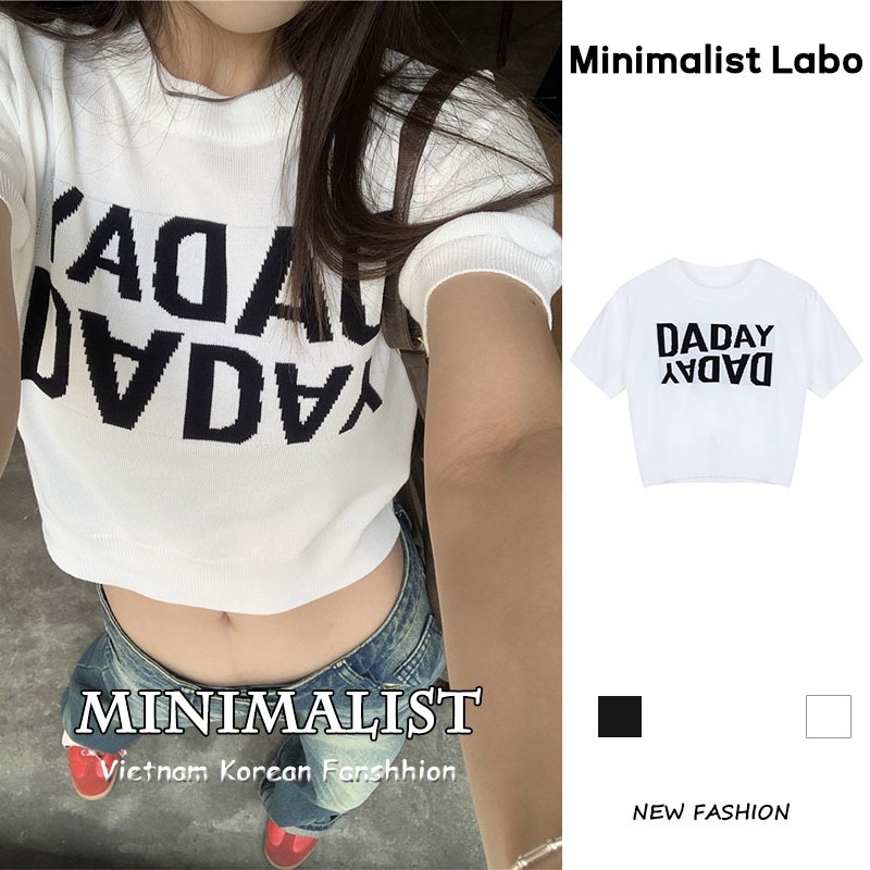 Minimalist Labo Áo Thun Dệt Kim Tay Ngắn Dáng Ôm Màu Trắng Thời Trang Cho Bạn Gái