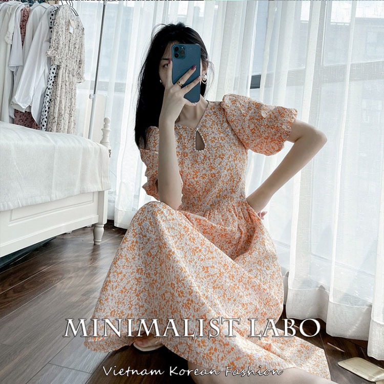 Minimalist Labo Đầm Dài Eo Cao In Hoa Phong Cách Hàn Quốc Ngọt Ngào