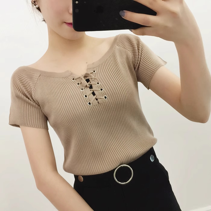 Phụ nữ blouse dệt Bông vàng t-shirt chéo cà vạt đầu ngắn tay áo đầu