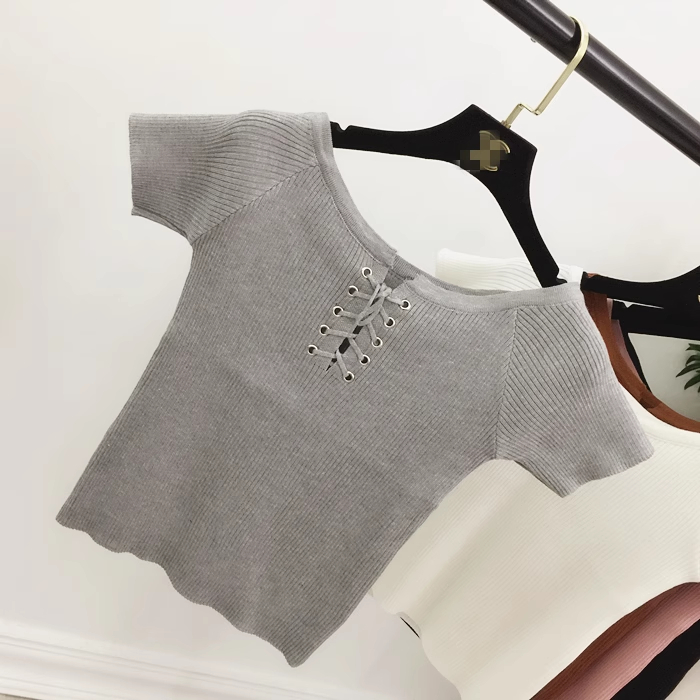 Phụ nữ blouse dệt Bông vàng t-shirt chéo cà vạt đầu ngắn tay áo đầu