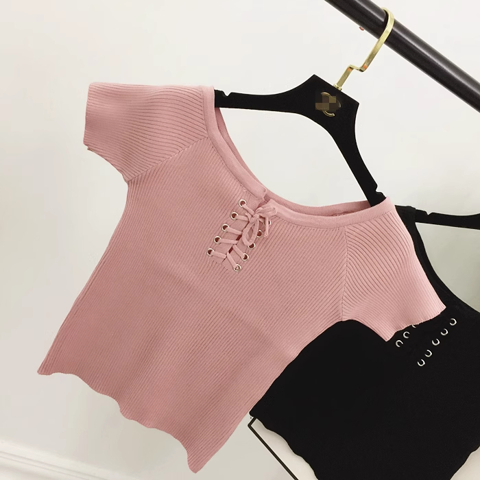 Phụ nữ blouse dệt Bông vàng t-shirt chéo cà vạt đầu ngắn tay áo đầu