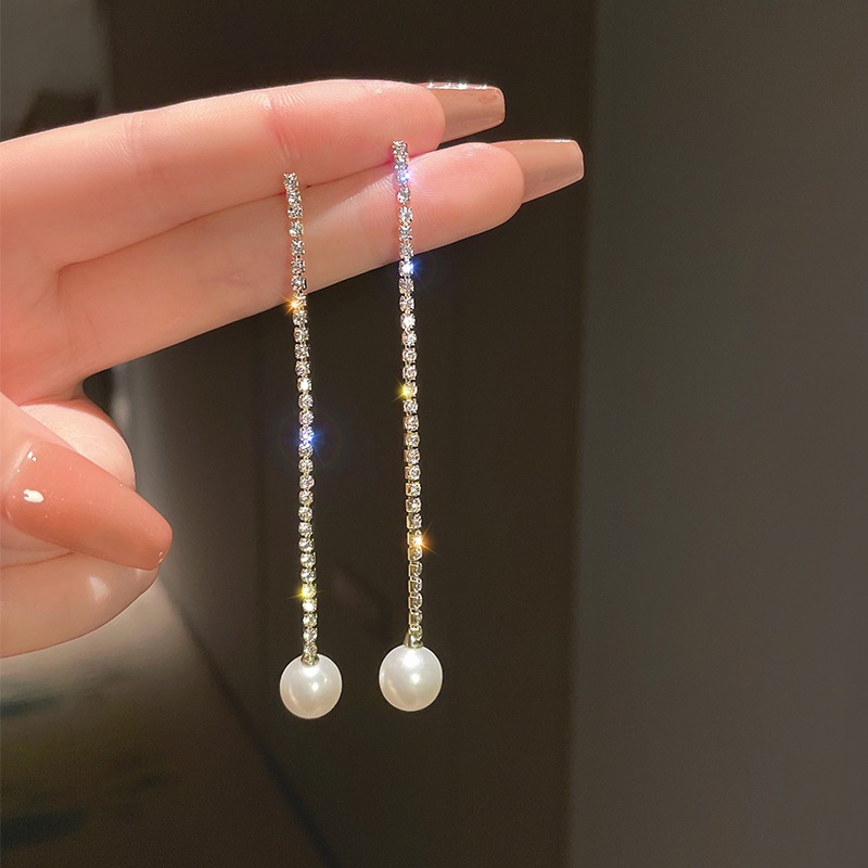 Thời Trang Bông Tai Dáng Dài Đính Ngọc Trai Và Đá Phối Tua Rua Phong Cách Hàn Quốc Cho Nữ s925