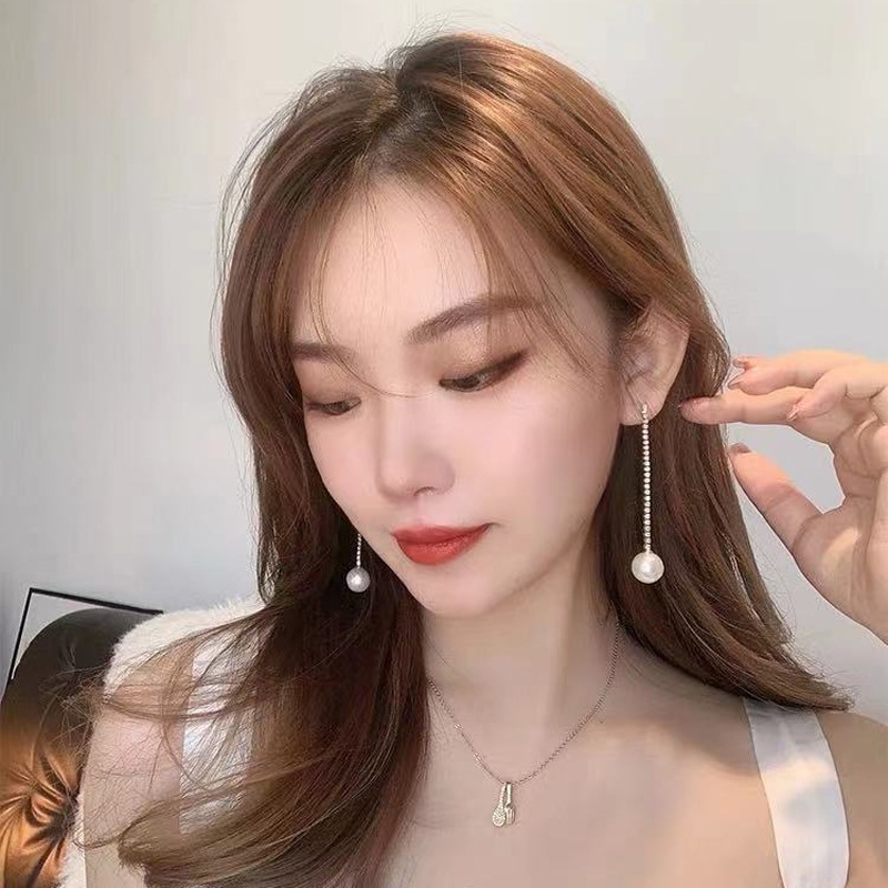 Thời Trang Bông Tai Dáng Dài Đính Ngọc Trai Và Đá Phối Tua Rua Phong Cách Hàn Quốc Cho Nữ s925