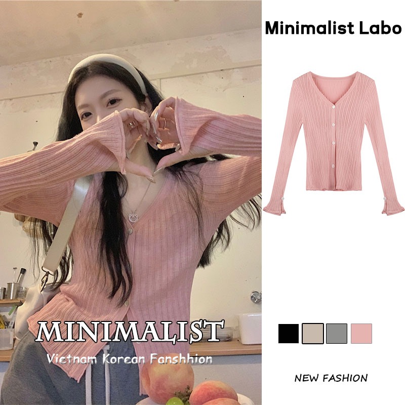 Minimalist Labo Áo cardigan dệt kim dài tay cổ chữ V dáng ôm phong cách Hàn Quốc 4 màu lựa chọn