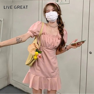 LIVE GREAT  Đầm Ngắn Tay Phồng Màu Hồng Phong Cách Pháp Thanh Lịch