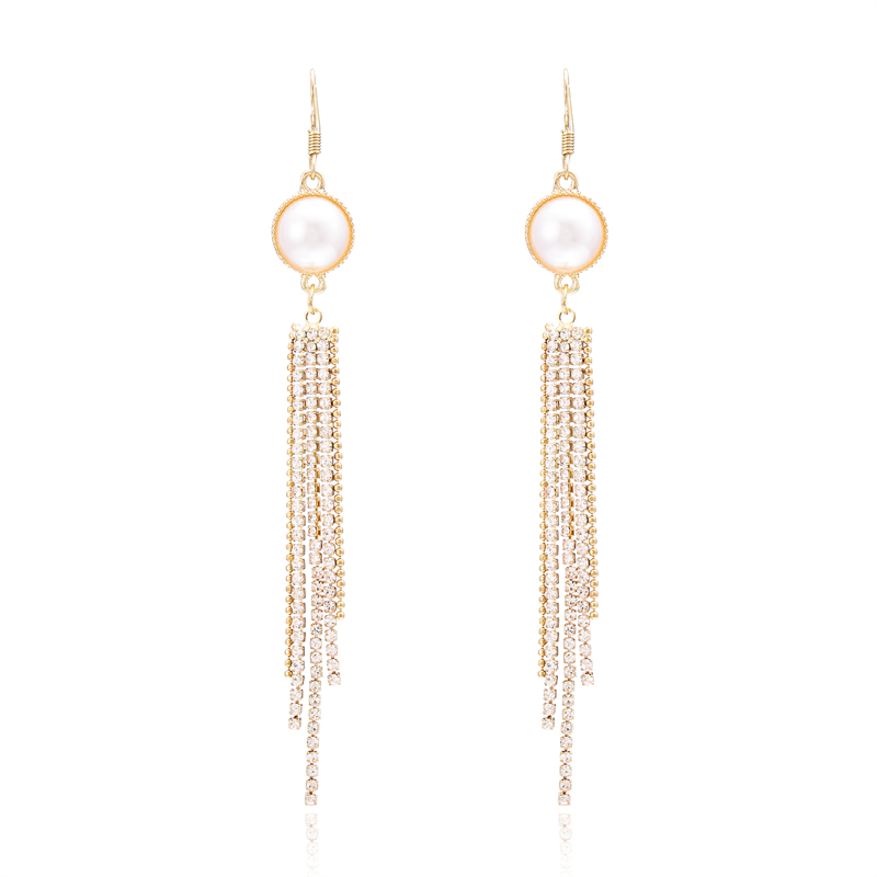 Thời Trang Bông Tai Mạ Vàng 18k Dáng Dài Đính Ngọc Trai Phối Tua Rua Phong Cách Hàn Quốc