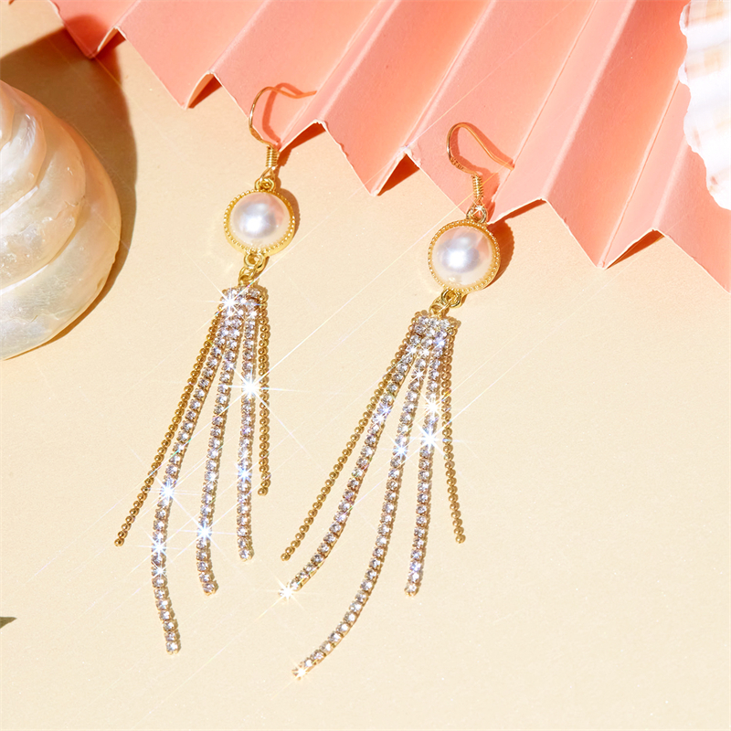 Thời Trang Bông Tai Mạ Vàng 18k Dáng Dài Đính Ngọc Trai Phối Tua Rua Phong Cách Hàn Quốc