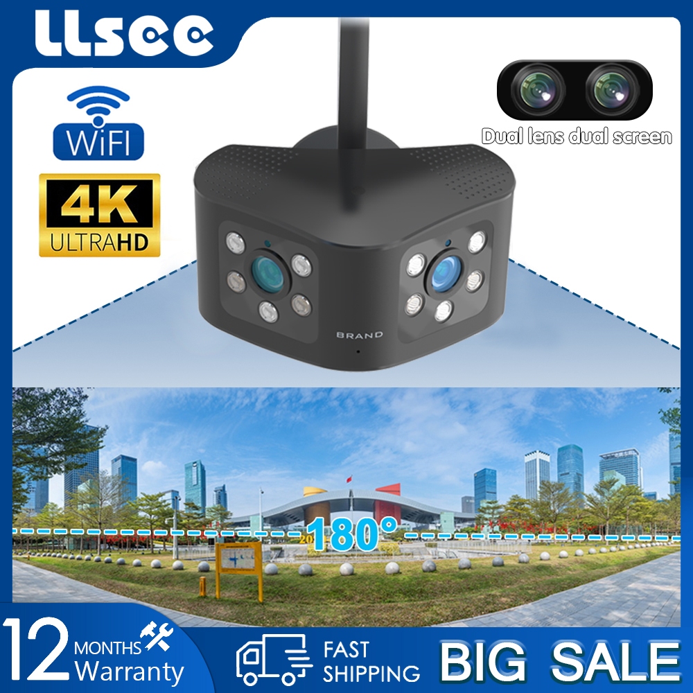 LLSEE Dual Lens CCTV Camera ngoài trời không dây, Góc nhìn cực rộng 180 độ Góc rộng 8MP 4K Trang chủ CCTV Kết nối Điện thoại di động