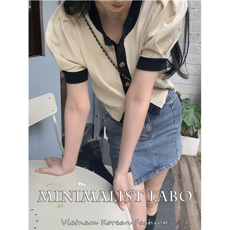 Áo croptop Minimalist Labo dệt kim tay ngắn phồng cổ chữ V phối nút thời trang trẻ trung cho nữ