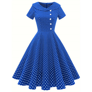 Đầm ngắn tay ngắn họa tiết chấm bi retro thời trang cho nữ