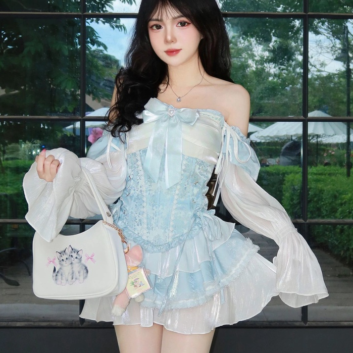 Hàng Có Sẵn Áo corset Xương Cá Màu Xanh Dương Nguyên Chất + Váy Xếp Nếp Mùa Thu Sớm Cho Nữ ins