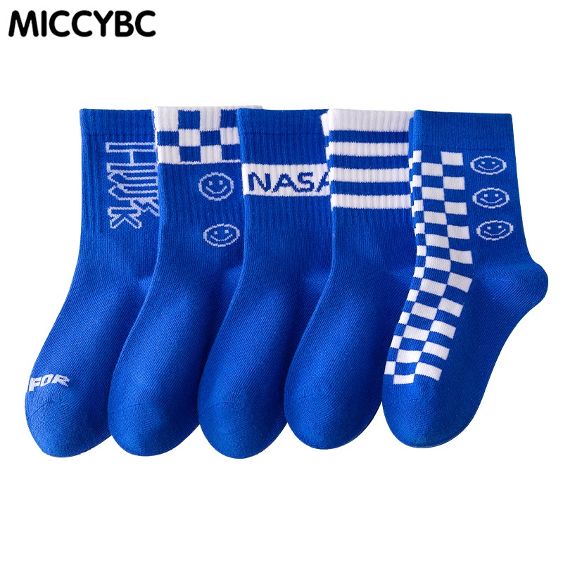 Set 5 đôi vớ cotton MICCYBC họa tiết màu xanh dương dễ thương thoải mái cho bé trai 1-12 tuổi